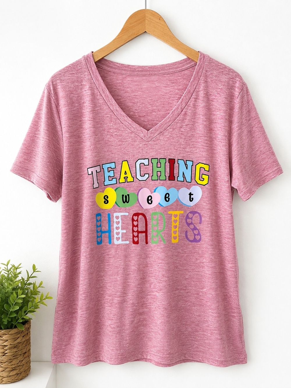 Teaching Sweet Hearts Pink V-Neck Tee for Women#129